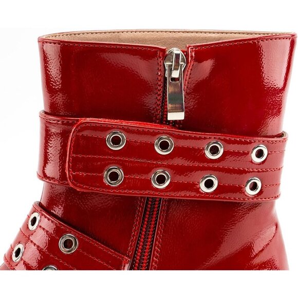 🆕Women Red Ankle Wide Buckle Boots Pointed Toe Low Heel Boot Pull Fashion Boots - Picture 5 of 8
